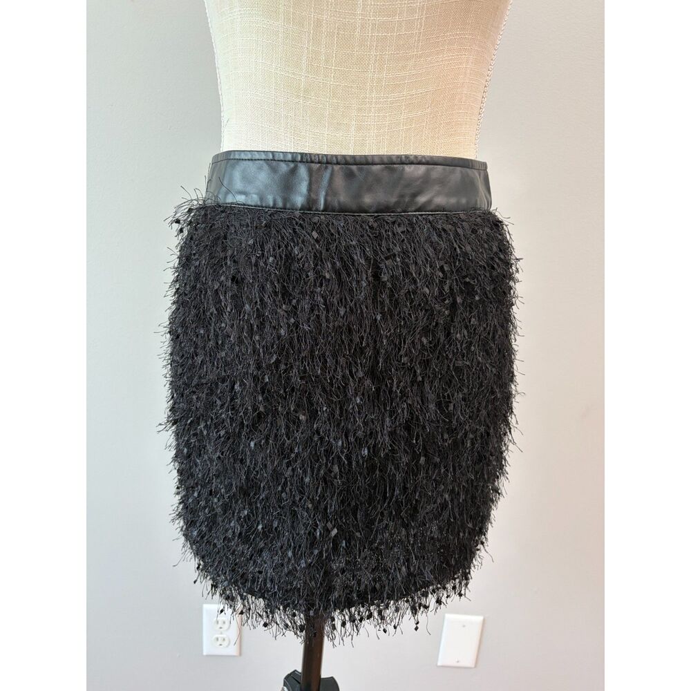 Black Feather Eyelash Fringe Womens Mini Skirt Small Faux Leather Waistband Glam